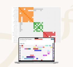 Heatmap-style DNA clusters and automated segment analysis tools from Genetic Affairs displayed on a laptop for genealogy research.