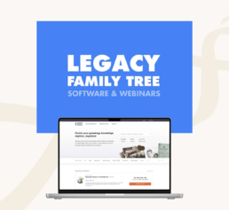 Legacy Family Tree software and webinar library displayed on a laptop, highlighting tools for genealogy research and learning.