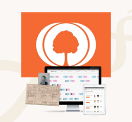 MyHeritage family tree and record tools shown on desktop and tablet, representing genealogy subscriptions and research resources.