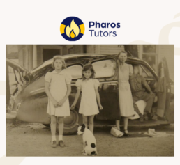 Pharos Tutors course image showing children and a woman standing beside an old car with a small dog in the foreground.