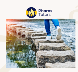 Pharos Tutors genealogy course image showing a person stepping across large stone steps over a shallow stream.