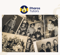 Pharos Tutors genealogy course image showing a collage of vintage family photographs and large group portraits.