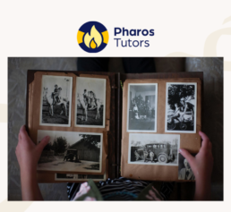 Pharos Tutors genealogy course image showing hands holding an old photo album filled with vintage family photographs.