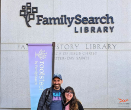 Paul Maier and Katy Rowe-Schurwanz, FamilyTreeDNA employees, standing outside the FamilySearch Library during RootsTech.