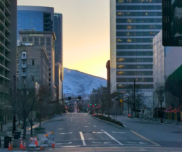 View of snow-covered mountains seen from the Salt Palace Convention Center in downtown Salt Lake City.