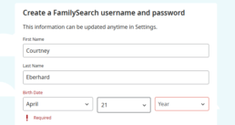 The FamilySearch profile creation screen showing required fields, including birth date, needed to enable chat access during RootsTech 2026.