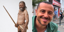 Reconstruction of Ötzi the Iceman beside a modern man connected through a rare maternal DNA lineage