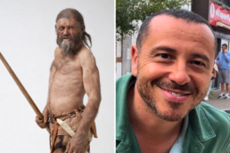 Reconstruction of Ötzi the Iceman beside a modern man connected through a rare maternal DNA lineage