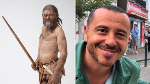 Reconstruction of Ötzi the Iceman beside a modern man connected through a rare maternal DNA lineage