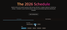 The RootsTech 2026 schedule page showing the &ldquo;Online&rdquo; filter selected to view virtual sessions and classes.