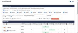 Advanced Matches tool showing filters and match results table for autosomal DNA, Y-DNA, and mtDNA comparisons