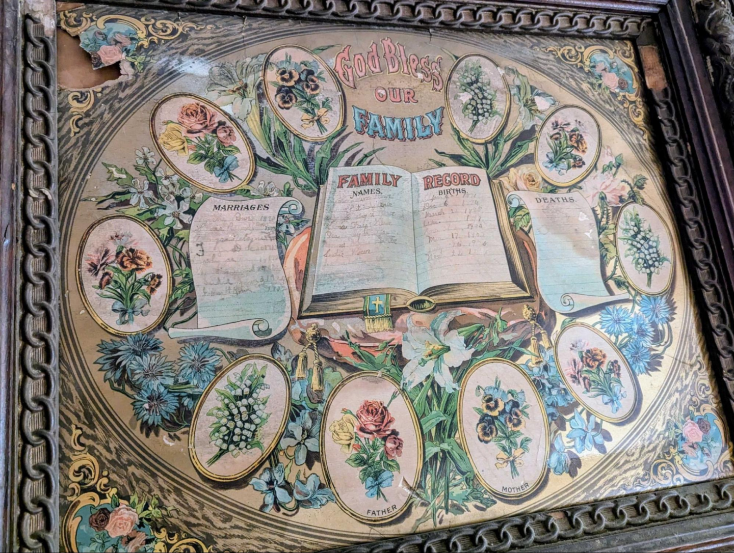 Vintage family tree record from Katy Rowe-Schurwanz showing handwritten names, marriages, births, and deaths in a decorative layout.