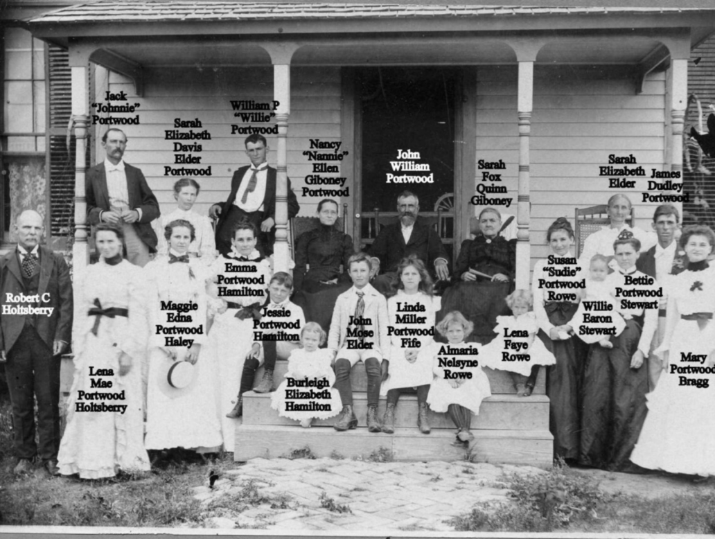 Historic labeled family photo from Katy Rowe-Schurwanz showing multiple generations of Portwood and Rowe ancestors.