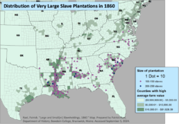 Map showing concentration of large slave plantations in 1860, clustered in Deep South cotton and rice-producing states