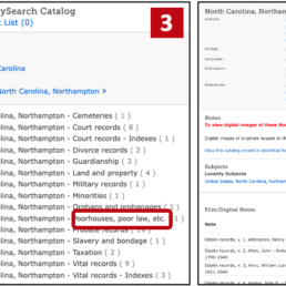 FamilySearch full-text search interface showing how to search enslaver records by name and filter by county and time period