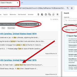 FamilySearch full-text search results for James Tann Kee showing crop lien and deed records from Northampton County NC
