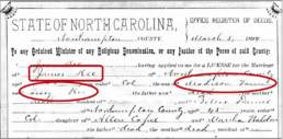 Marriage license for James Kee and Bettie Daniel listing parents Allen Capel and Martha Walden, Northampton County NC