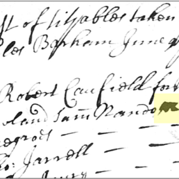 1677 Surry County list of tithables for Robert Caufield showing Mary's first appearance as taxable, Surry County VA