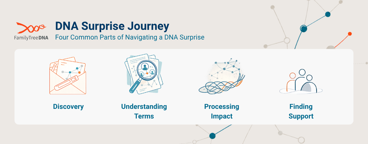 Four-part DNA surprise journey showing discovery, understanding terms, processing impact, and finding support.