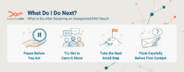 Four illustrated steps for a DNA surprise: pause, seek support, consider first contact, and take the next small step.