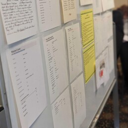 Census records, marriage documents, and research clues posted on a board during the ECGGC family tree scavenger hunt